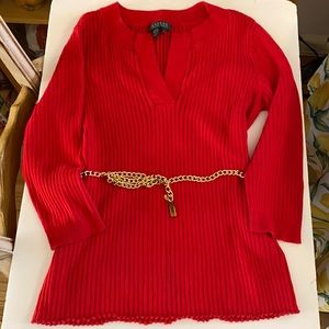 Ralph Lauren V-Neck Red Sweater w/gold chain belt.